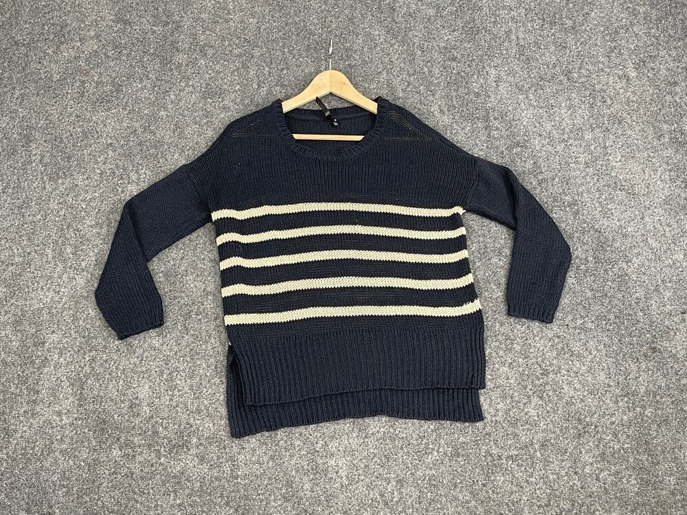 Razzle Dazzle Sweater Womens Large Striped Open Knit Pullover Navy Blue N305